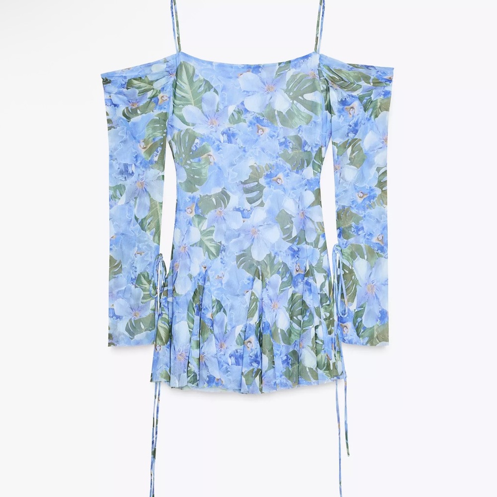 Blue Zara Floral Off-Shoulder Long Sleeve Top